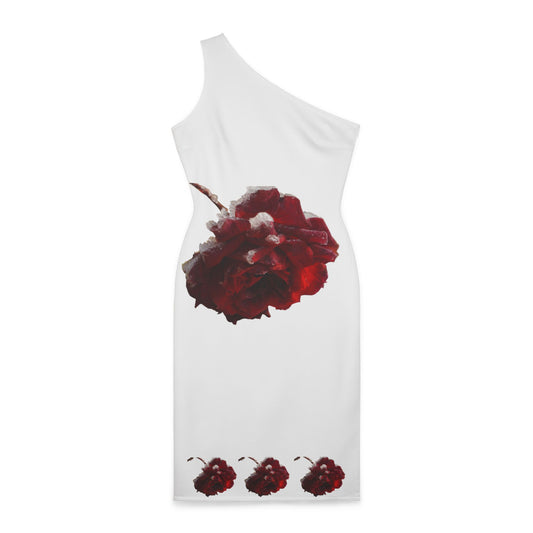 Elegant One-Shoulder Dress with Red Rose Design - Perfect for Romantic Dates, Weddings, Parties, Floral Fashion, Summer Events