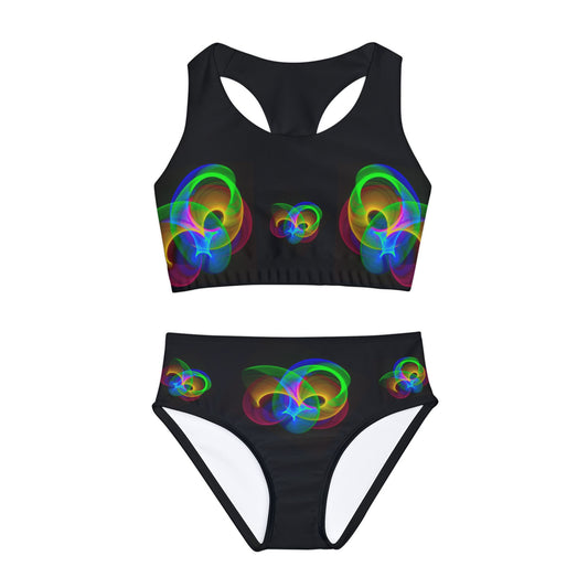 Neon Non-Figurative Logo on Girls Two Piece Black Swimsuit - Fun & Vibrant Swimwear for Summer