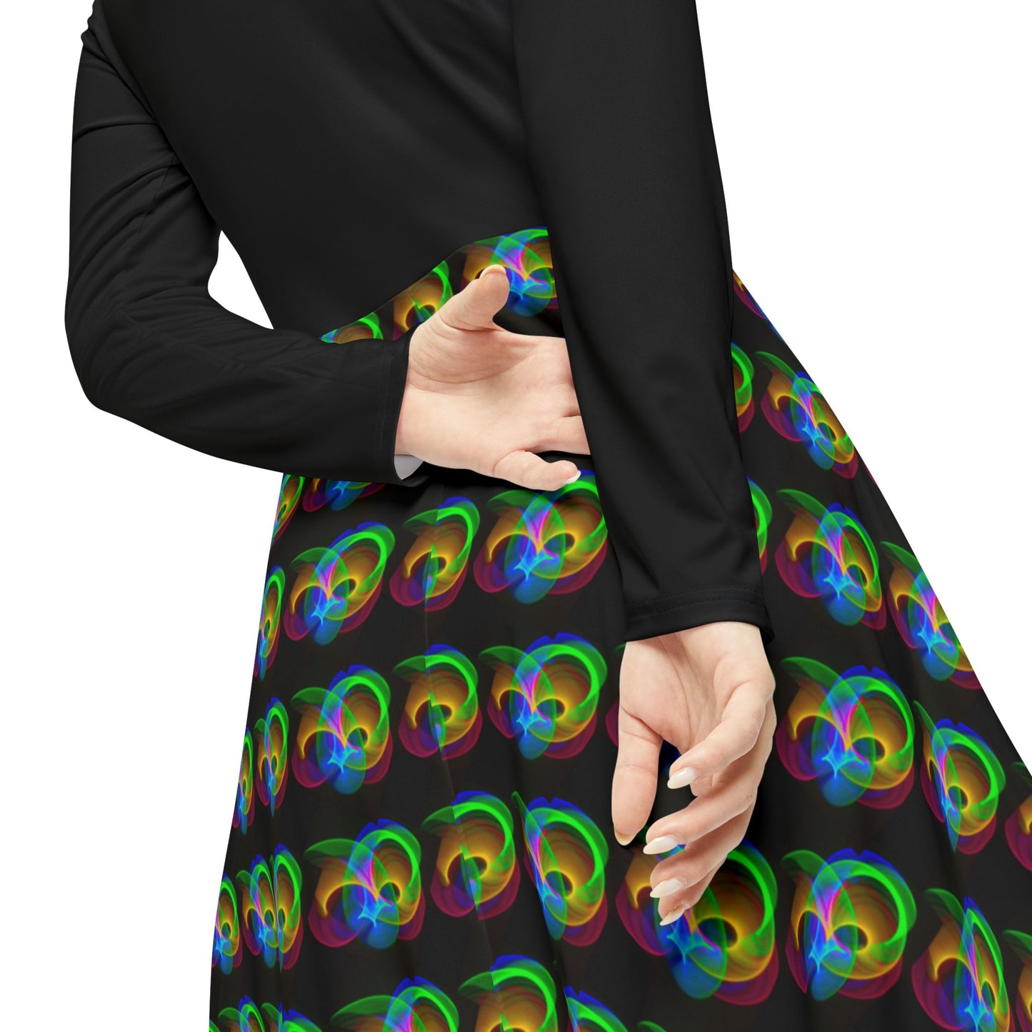 Women's Long Sleeve Neon Non-Figurative Pattern Black Dress (AOP)