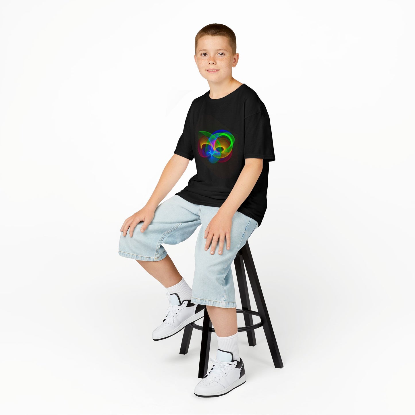 Neon Non-Figurative Pattern on Kids Black Tee | Funky Graphic T-Shirt for Boys & Girls, Playful Gift, Art Lovers, Fun Wear